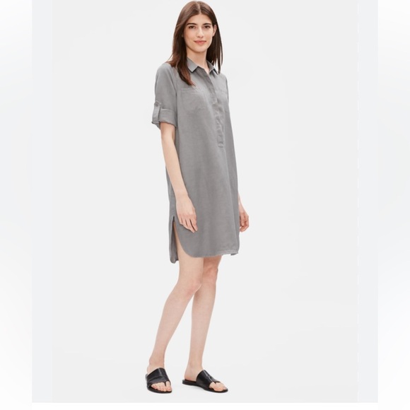 Eileen Fisher Classic Collar Dress Tencel Linen Shirtdress - Picture 1 of 11